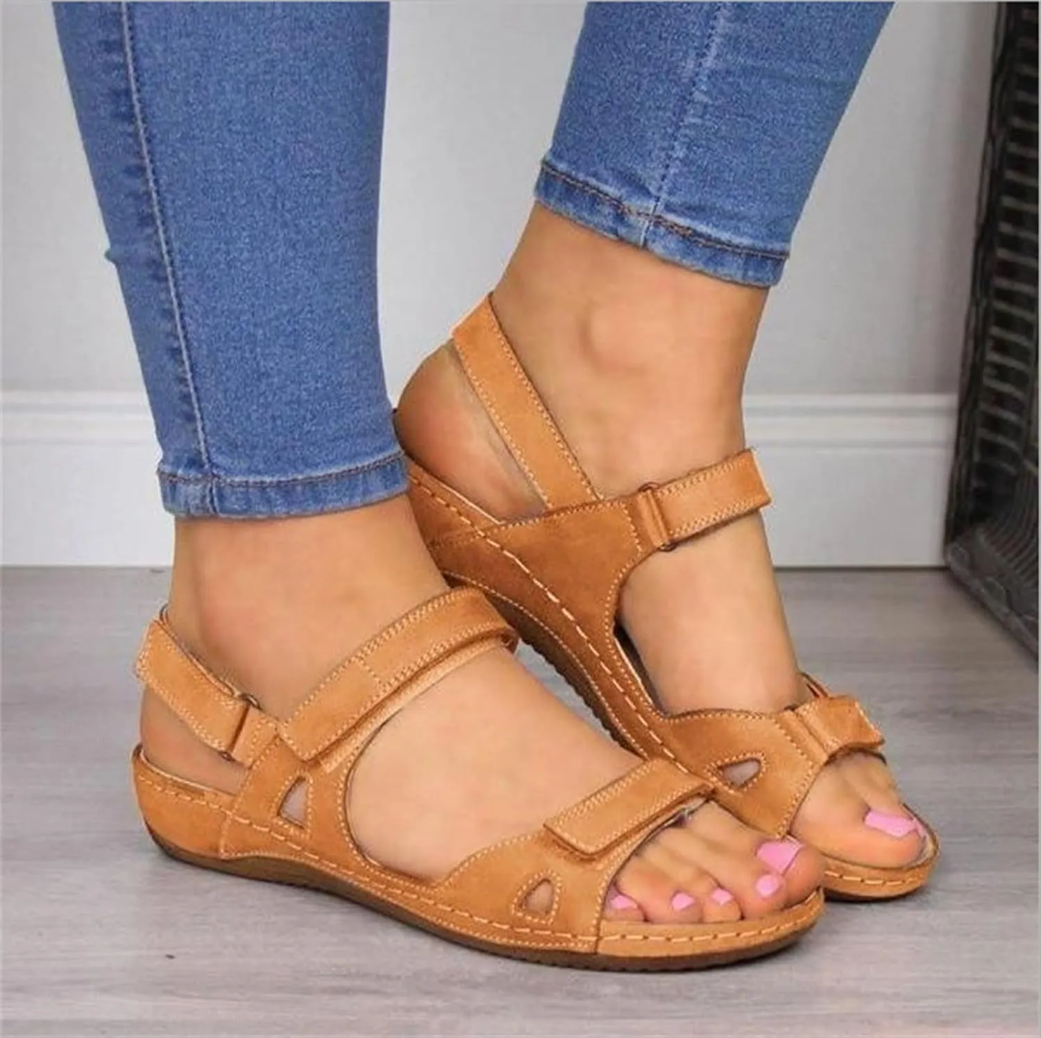 Womens Sandals Comfortable Orthopedic Slides Low Wedge Sandals Summer Breathable Open Toe Beach Shoes Ladies Walking Sports Athletic Sandal Ankle Strap Dressy Hiking Shoes