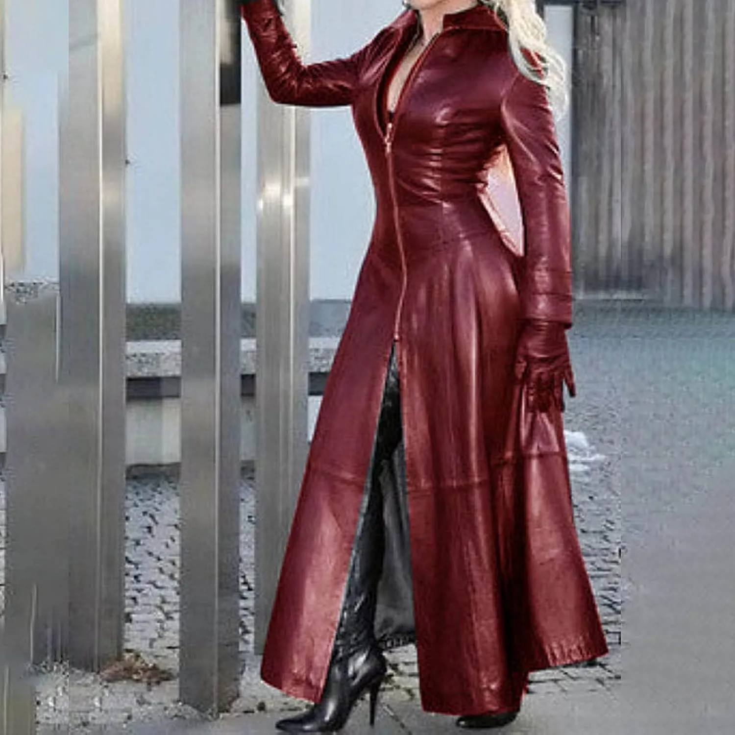 Womens Sexy Faux Leather Jacket Long Windbreaker Moto Coat Trendy Full Sleeve Zip up Trench Outerwear Bodycon Dress