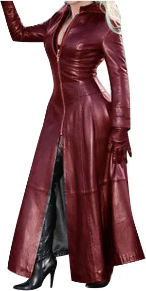 Womens Sexy Faux Leather Jacket Long Windbreaker Moto Coat Trendy Full Sleeve Zip up Trench Outerwear Bodycon Dress