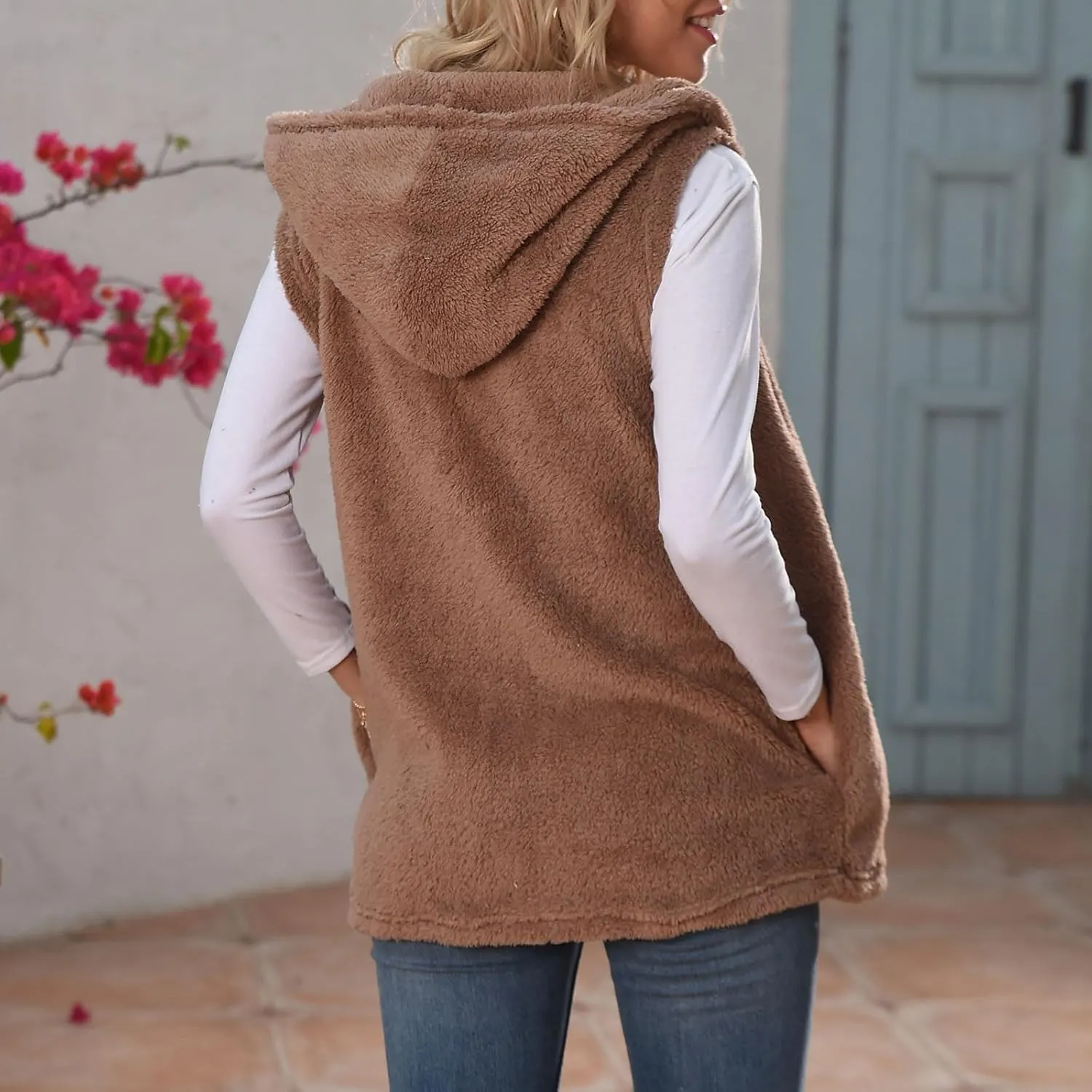 Womens Sherpa Vest Fuzzy Fleece Open Front Hooded Cardigan Sweater 2024 Fall Jacket Outwear Winter Coat with Pockets