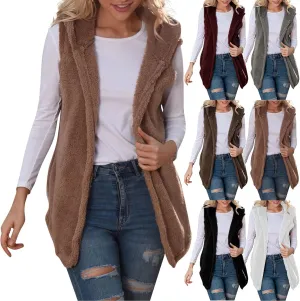 Womens Sherpa Vest Fuzzy Fleece Open Front Hooded Cardigan Sweater 2024 Fall Jacket Outwear Winter Coat with Pockets