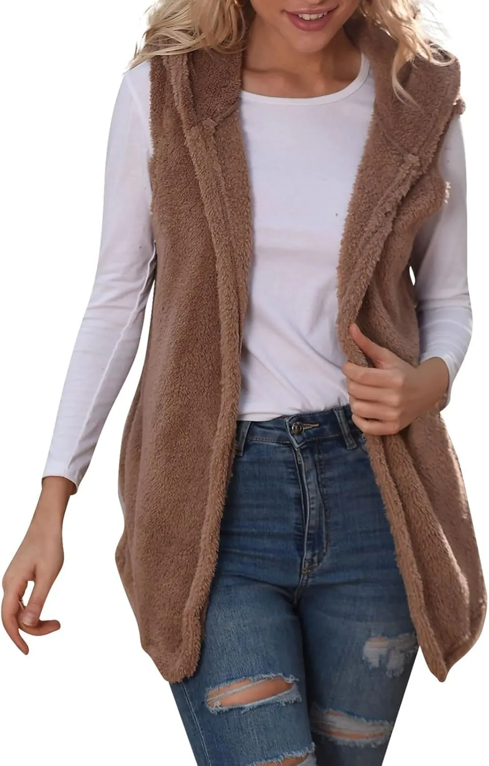 Womens Sherpa Vest Fuzzy Fleece Open Front Hooded Cardigan Sweater 2024 Fall Jacket Outwear Winter Coat with Pockets
