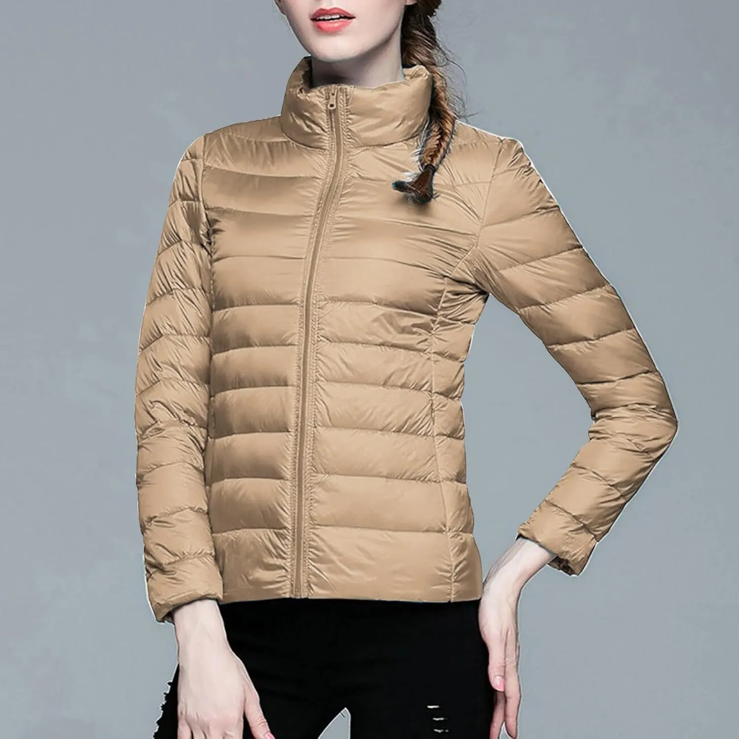 Women's Solid Color Standing Collar Hatless Ultra Light Down Jacket Top (With Storage Bag) Shirts for Women