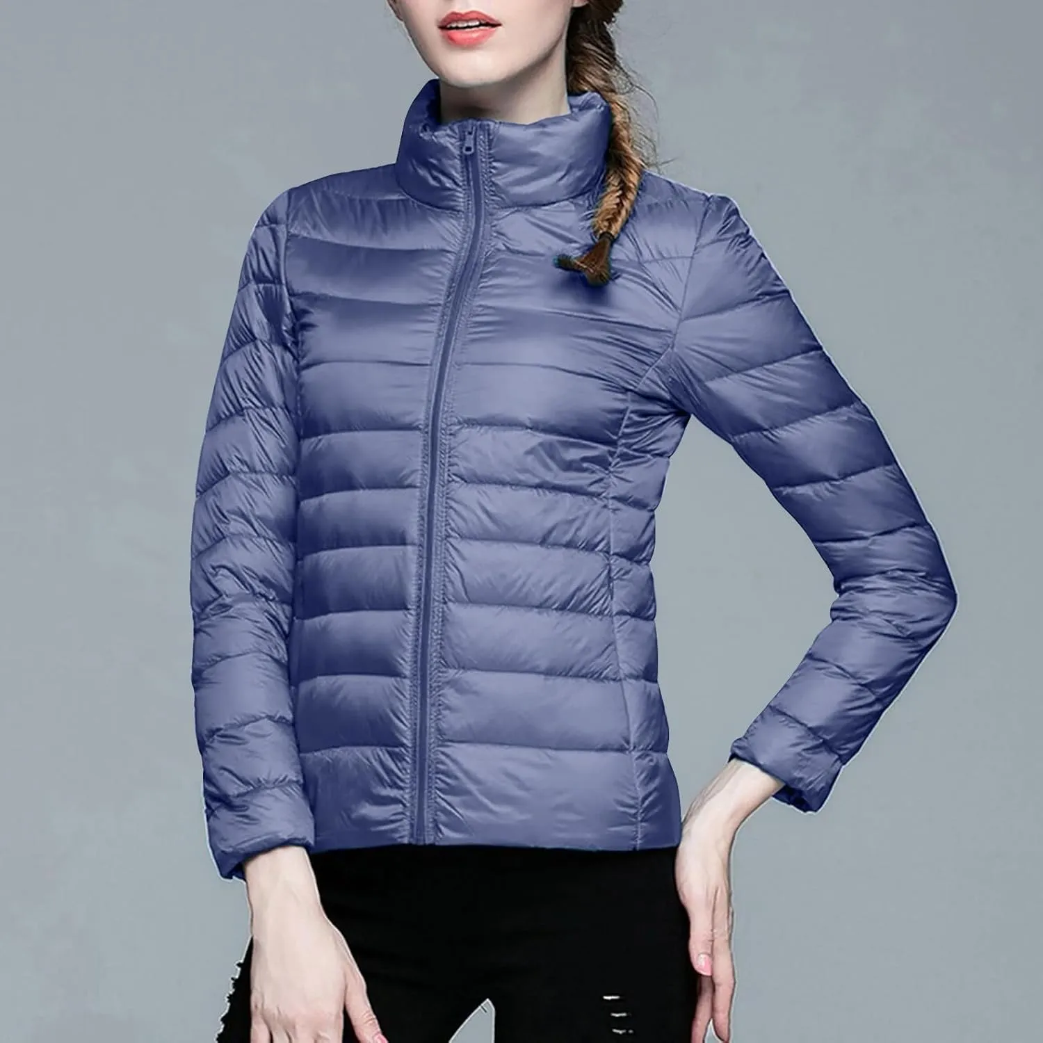 Women's Solid Color Standing Collar Hatless Ultra Light Down Jacket Top (With Storage Bag) Shirts for Women