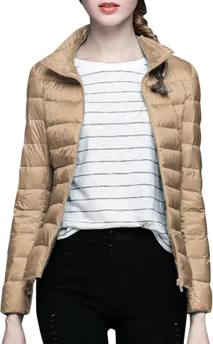 Women's Solid Color Standing Collar Hatless Ultra Light Down Jacket Top (With Storage Bag) Shirts for Women