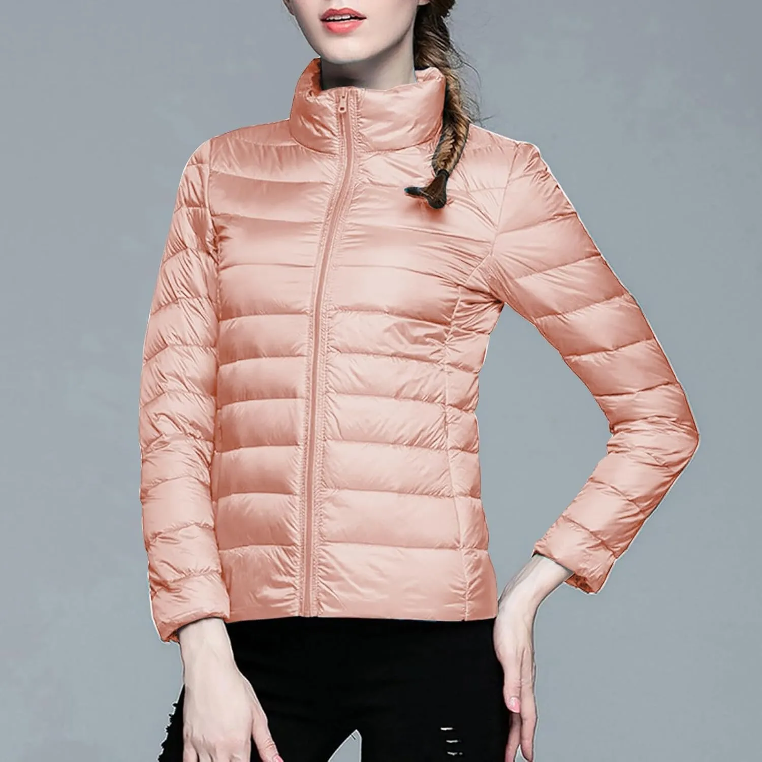 Women's Solid Color Standing Collar Hatless Ultra Light Down Jacket Top (With Storage Bag) Shirts for Women