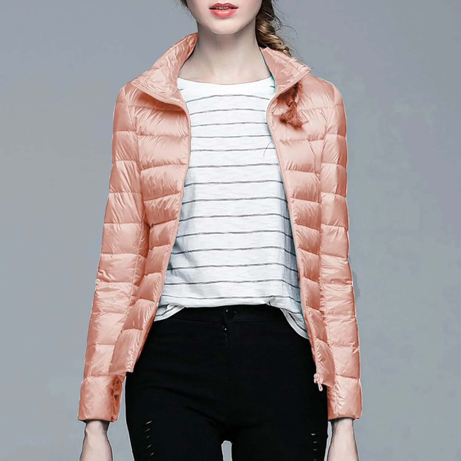 Women's Solid Color Standing Collar Hatless Ultra Light Down Jacket Top (With Storage Bag) Shirts for Women