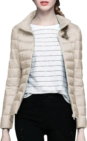 Women's Solid Color Standing Collar Hatless Ultra Light Down Jacket Top (With Storage Bag) Shirts for Women