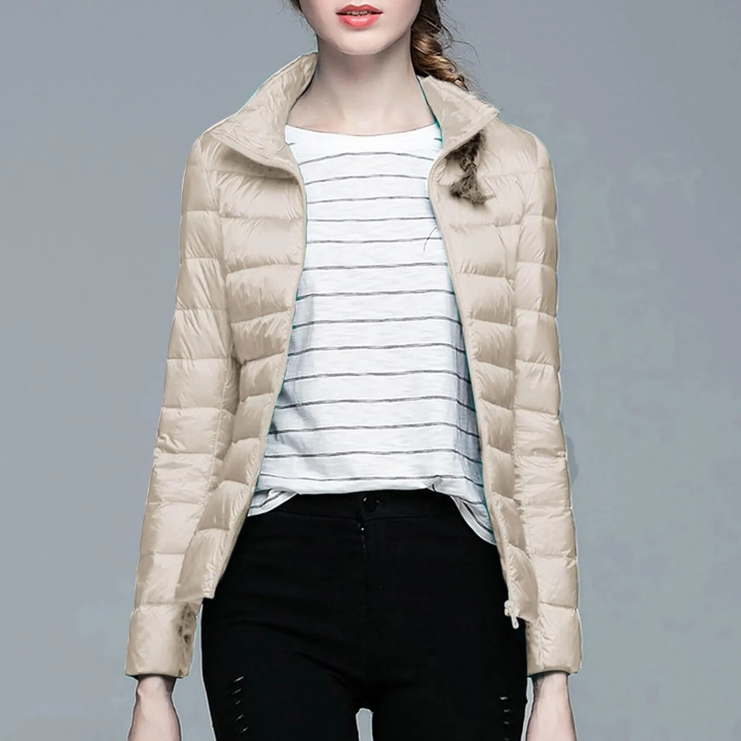 Women's Solid Color Standing Collar Hatless Ultra Light Down Jacket Top (With Storage Bag) Shirts for Women