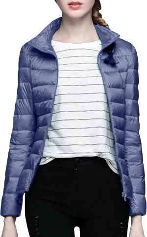 Women's Solid Color Standing Collar Hatless Ultra Light Down Jacket Top (With Storage Bag) Shirts for Women