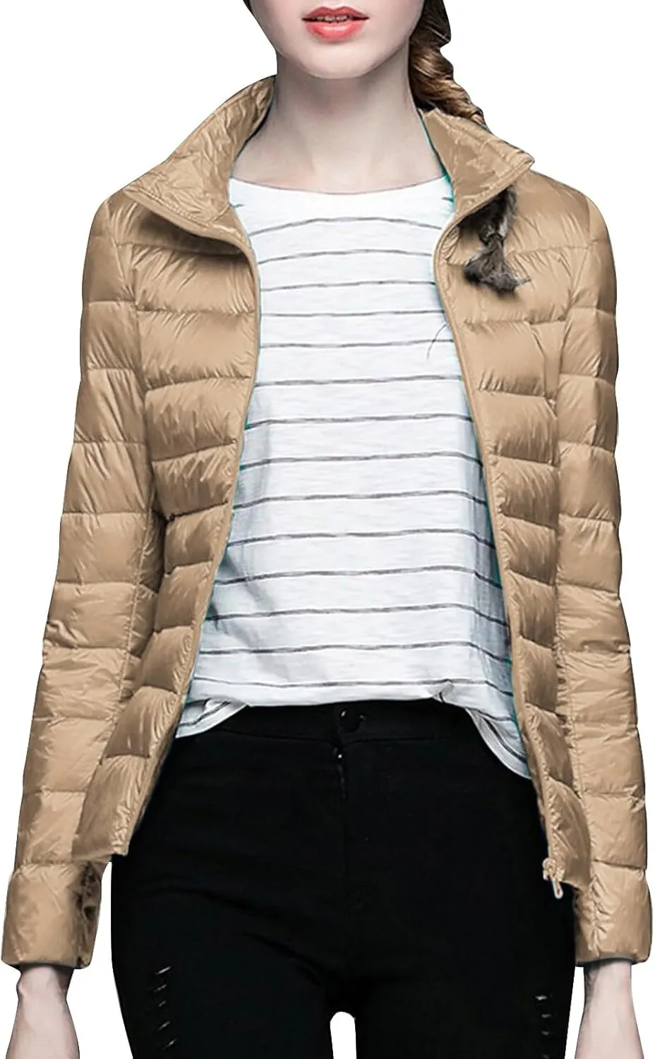 Women's Solid Color Standing Collar Hatless Ultra Light Down Jacket Top (With Storage Bag) Shirts for Women