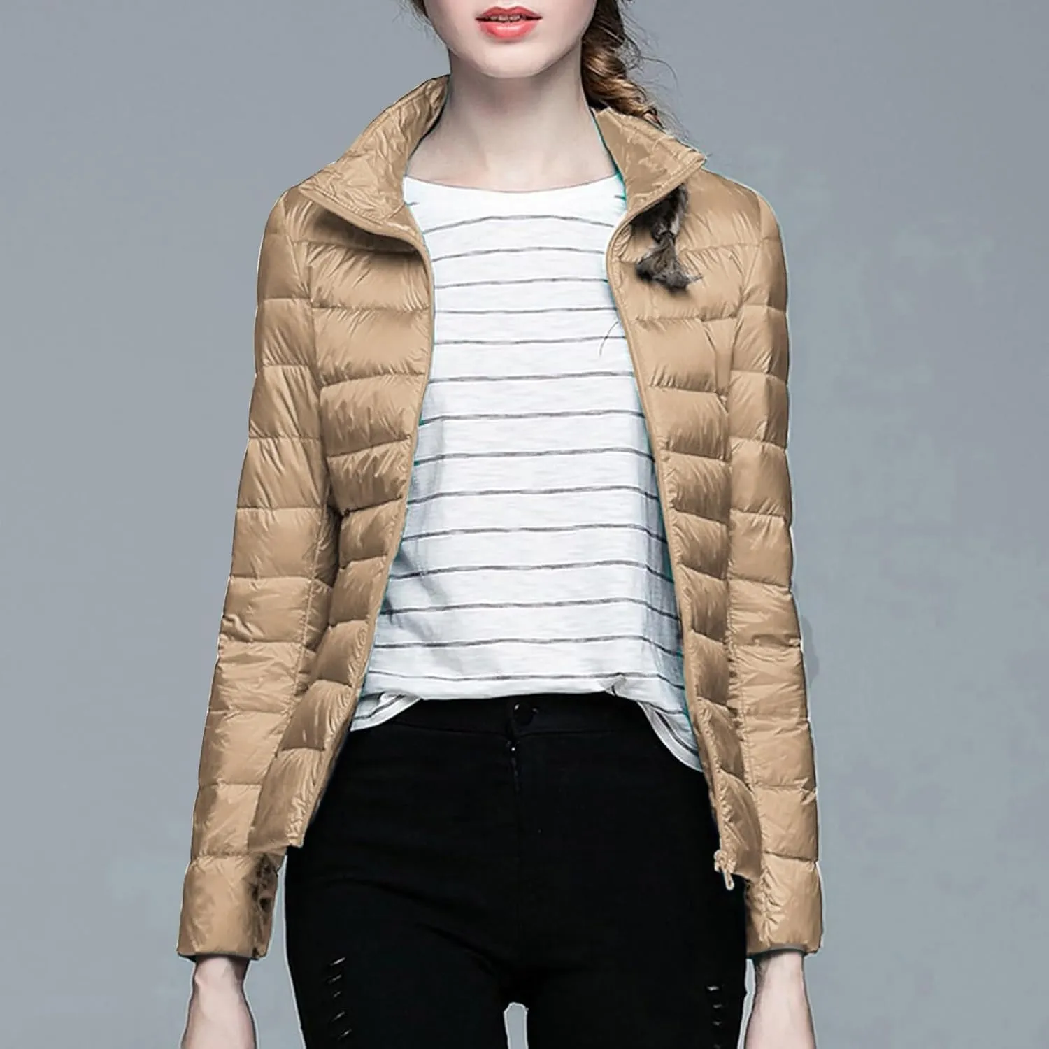 Women's Solid Color Standing Collar Hatless Ultra Light Down Jacket Top (With Storage Bag) Shirts for Women