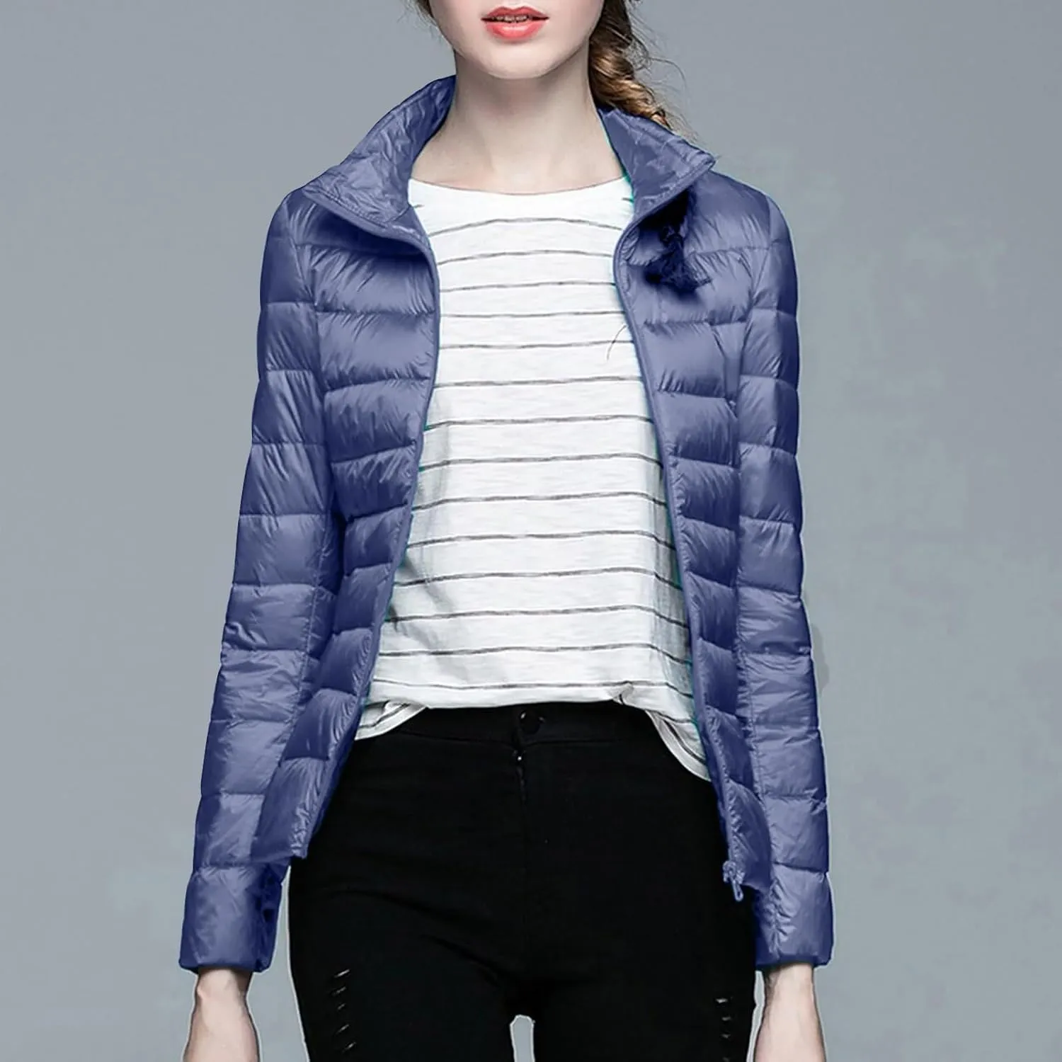 Women's Solid Color Standing Collar Hatless Ultra Light Down Jacket Top (With Storage Bag) Shirts for Women