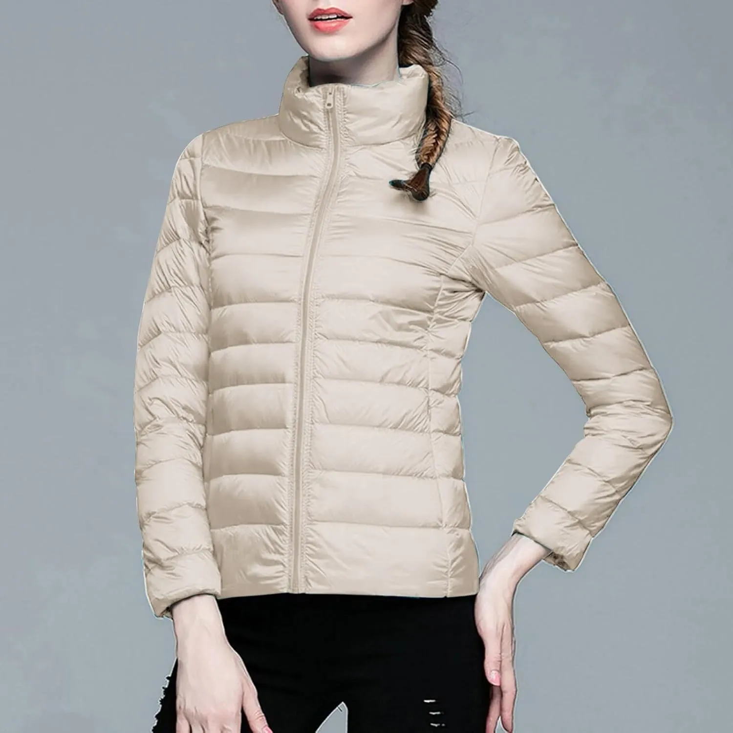 Women's Solid Color Standing Collar Hatless Ultra Light Down Jacket Top (With Storage Bag) Shirts for Women