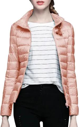 Women's Solid Color Standing Collar Hatless Ultra Light Down Jacket Top (With Storage Bag) Shirts for Women