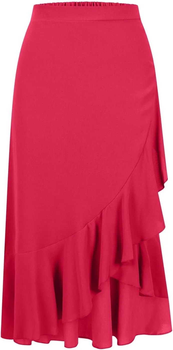 Women's Summer Beach Midi Skirt Asymmetrical Ruffle Hem Trendy Clothes Elastic High Waisted Flowy A-Line Swing Skirts