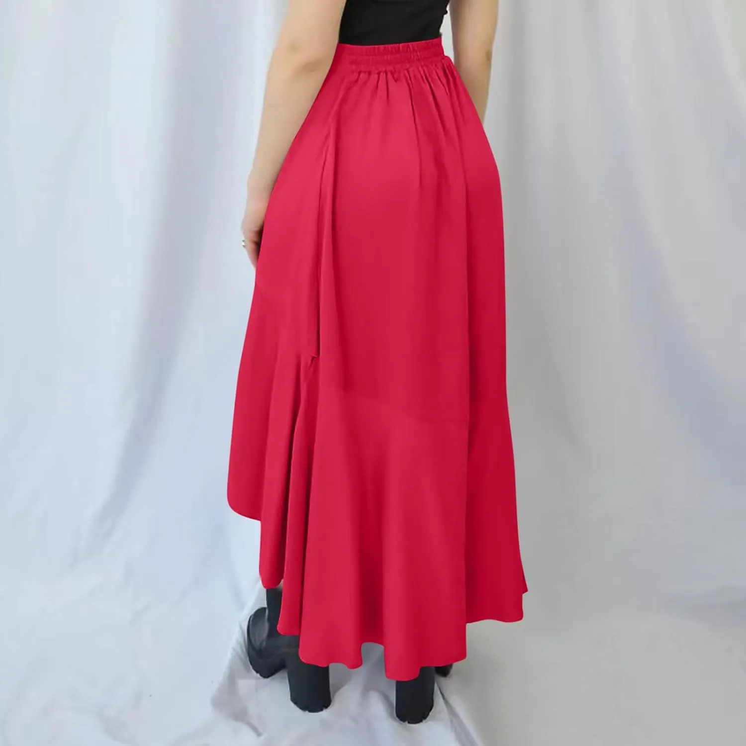 Women's Summer Beach Midi Skirt Asymmetrical Ruffle Hem Trendy Clothes Elastic High Waisted Flowy A-Line Swing Skirts