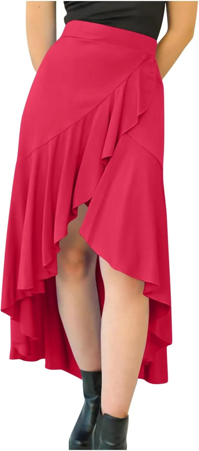 Women's Summer Beach Midi Skirt Asymmetrical Ruffle Hem Trendy Clothes Elastic High Waisted Flowy A-Line Swing Skirts