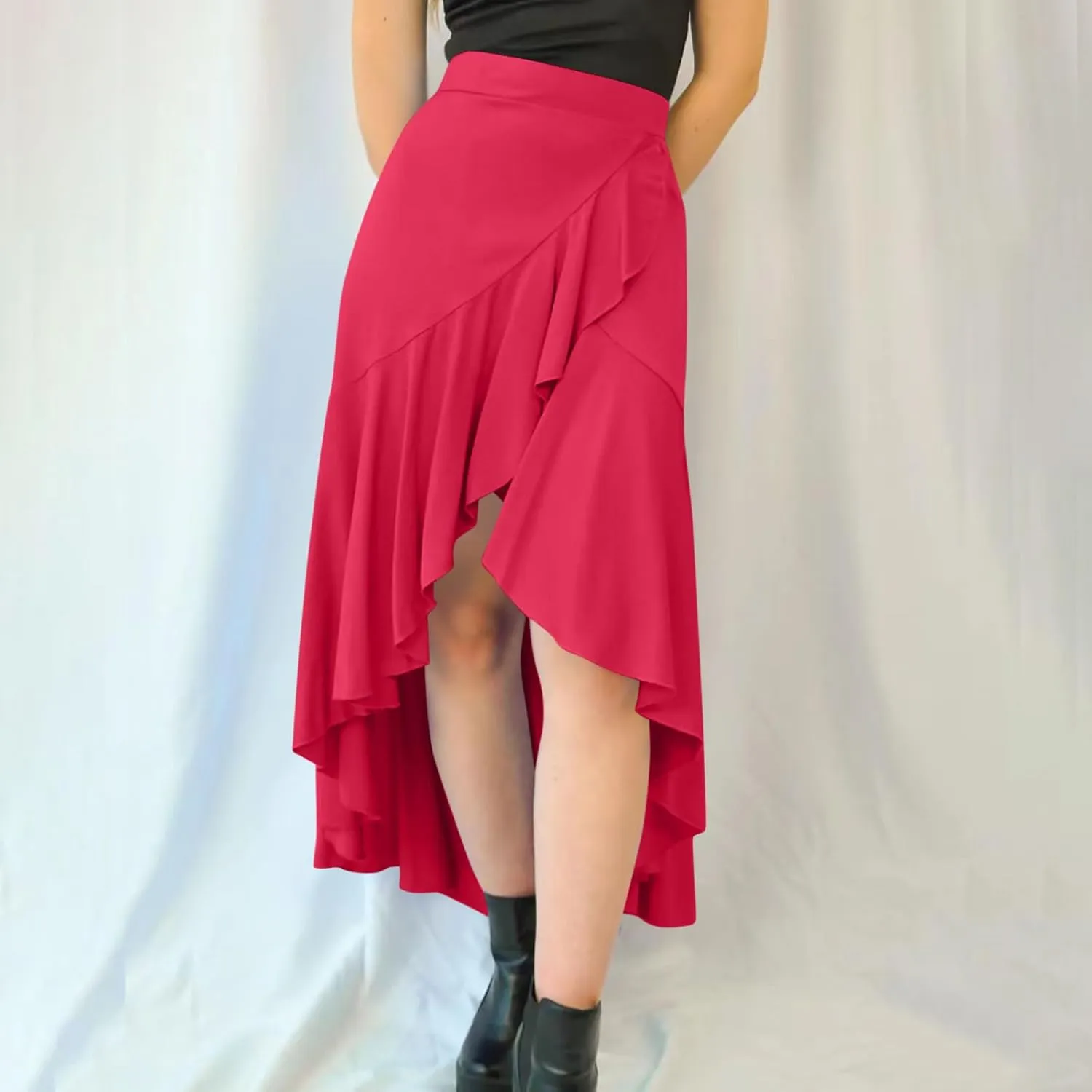 Women's Summer Beach Midi Skirt Asymmetrical Ruffle Hem Trendy Clothes Elastic High Waisted Flowy A-Line Swing Skirts