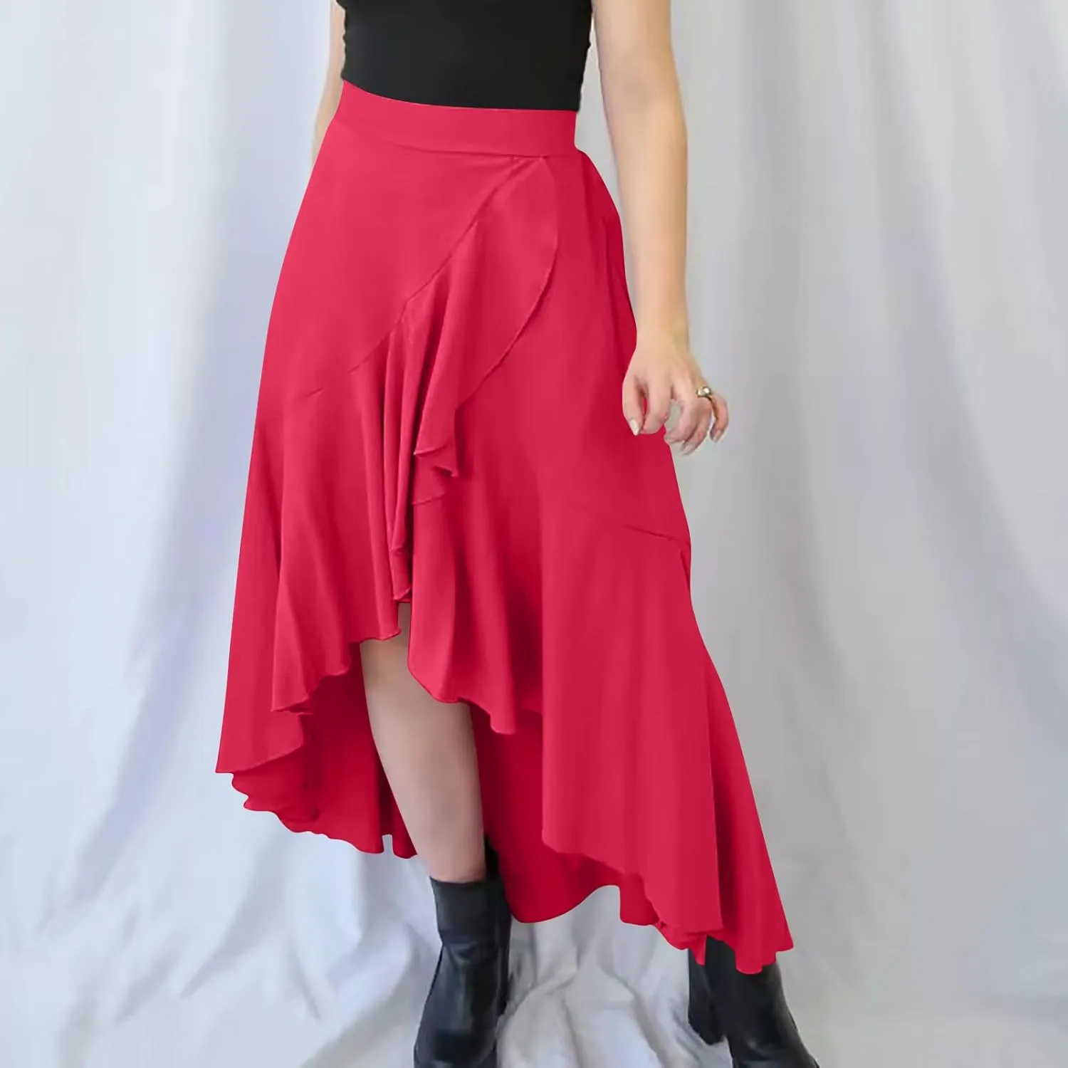 Women's Summer Beach Midi Skirt Asymmetrical Ruffle Hem Trendy Clothes Elastic High Waisted Flowy A-Line Swing Skirts