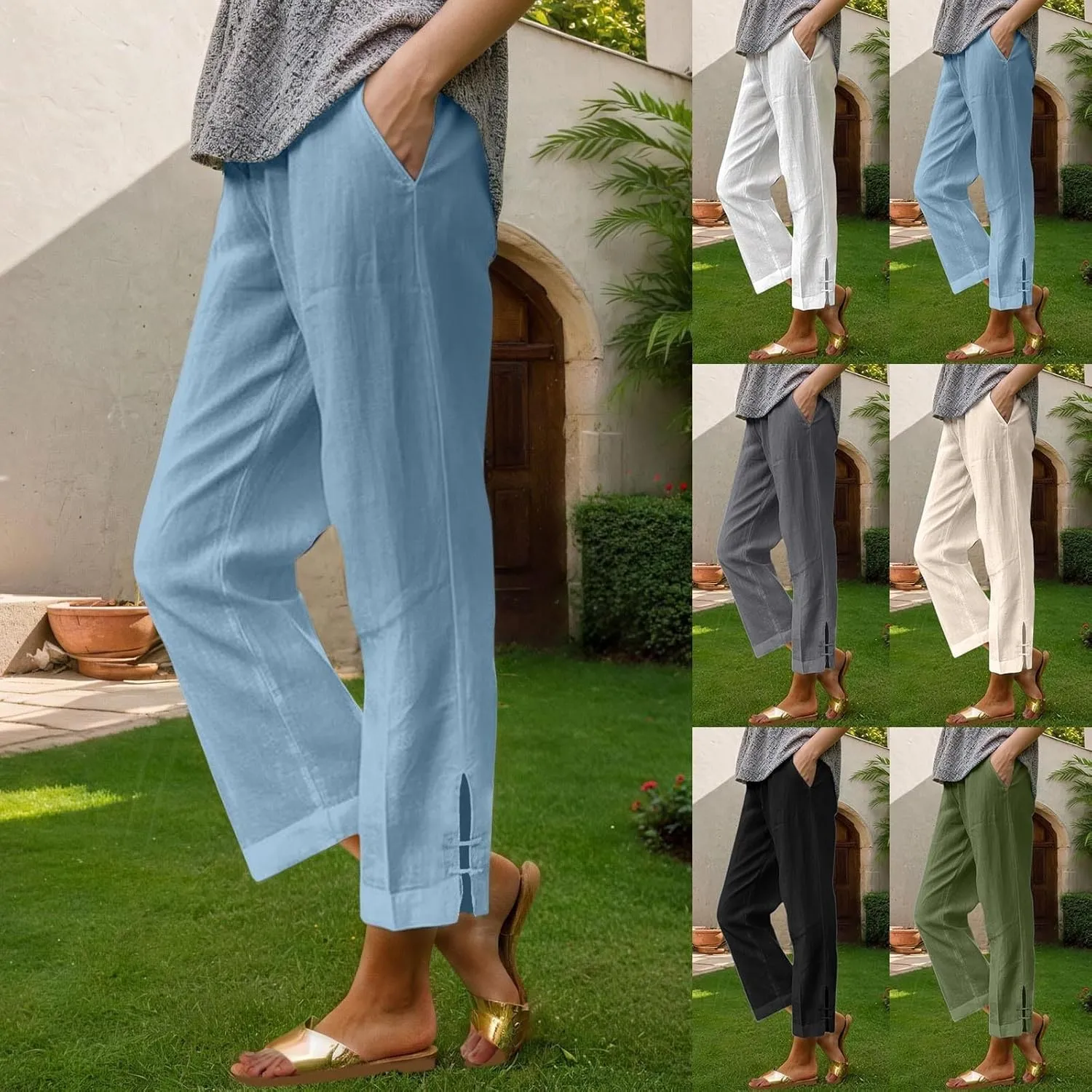 Women's Summer Cotton-Linen Pants Elastic & Paperbag Waist Plus Size Straight/Palazzo/Wide Leg Trousers with Pockets