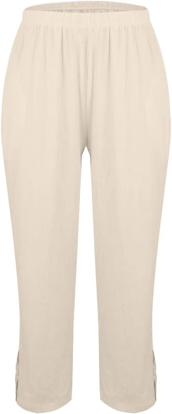 Women's Summer Cotton-Linen Pants Elastic & Paperbag Waist Plus Size Straight/Palazzo/Wide Leg Trousers with Pockets