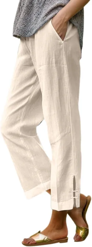 Women's Summer Cotton-Linen Pants Elastic & Paperbag Waist Plus Size Straight/Palazzo/Wide Leg Trousers with Pockets