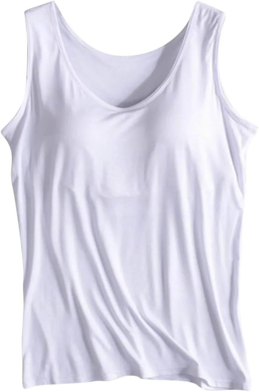 Womens Tank Tops with Built in Bras Soft Sleeveless Tank Tops Solid Scoop Neck Shirts Basic Workout Top Undershirt Tee