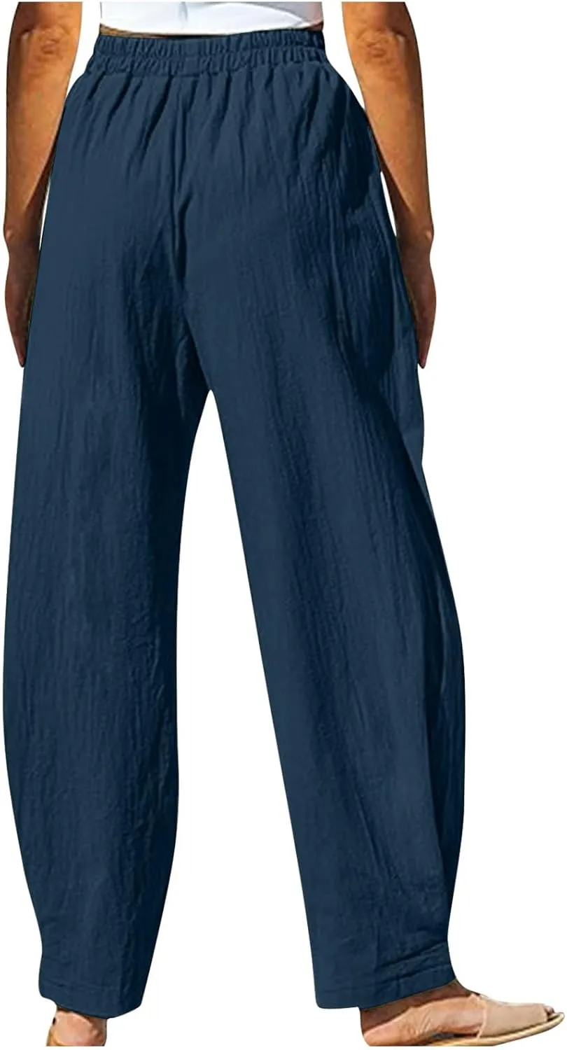 Womens Travel Pants High Waisted Casual Pants Solid Harem Pants Loose Fit Beach Pants Trendy Baggy Pants with Pockets