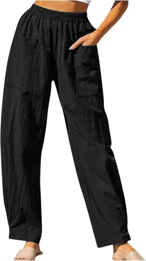 Womens Travel Pants High Waisted Casual Pants Solid Harem Pants Loose Fit Beach Pants Trendy Baggy Pants with Pockets