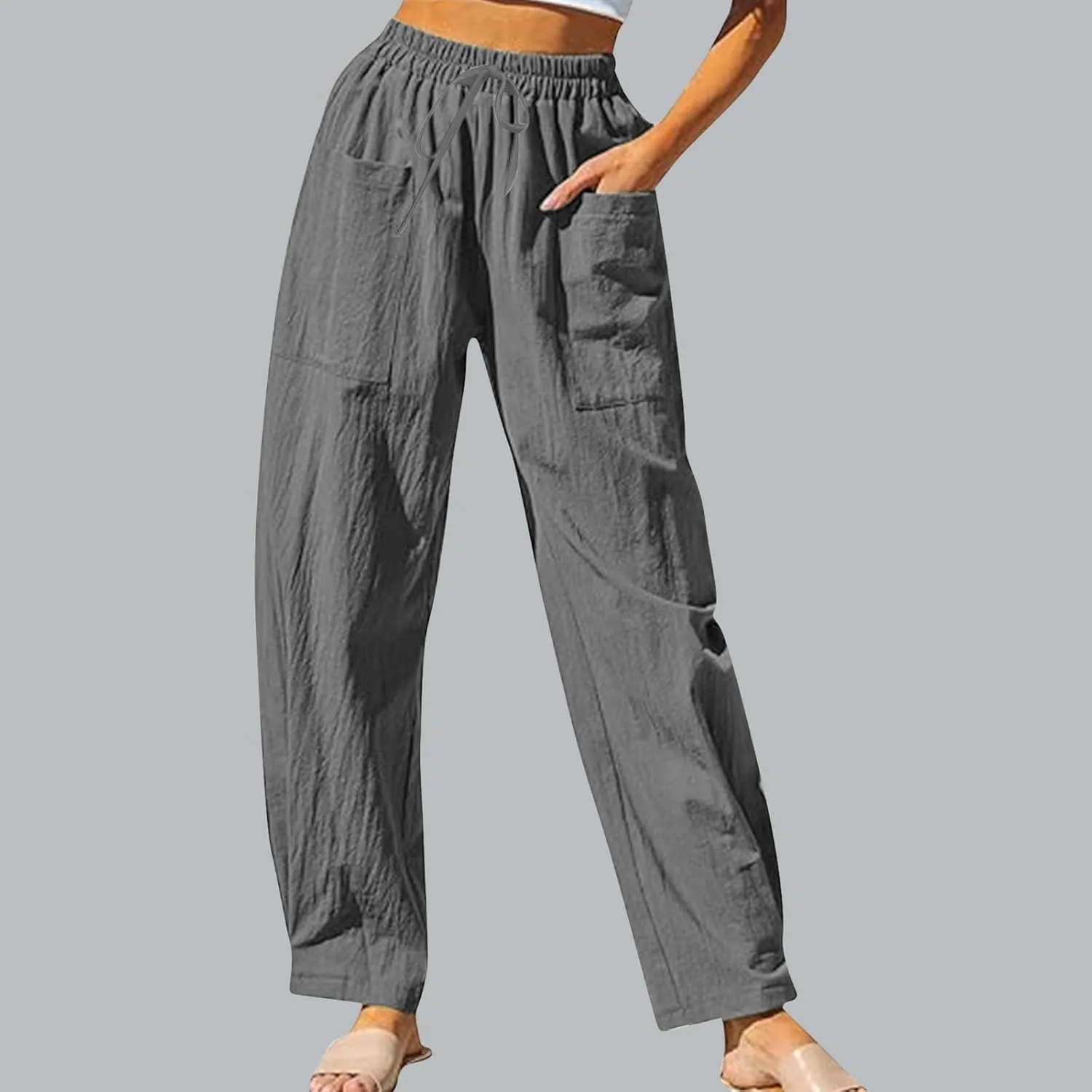 Womens Travel Pants High Waisted Casual Pants Solid Harem Pants Loose Fit Beach Pants Trendy Baggy Pants with Pockets