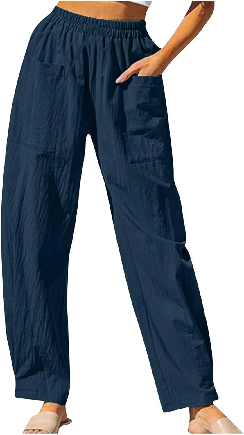 Womens Travel Pants High Waisted Casual Pants Solid Harem Pants Loose Fit Beach Pants Trendy Baggy Pants with Pockets