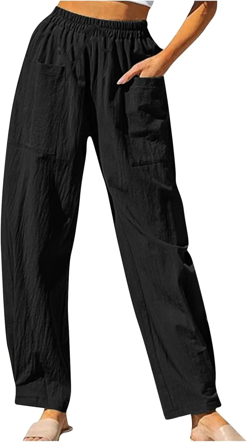 Womens Travel Pants High Waisted Casual Pants Solid Harem Pants Loose Fit Beach Pants Trendy Baggy Pants with Pockets