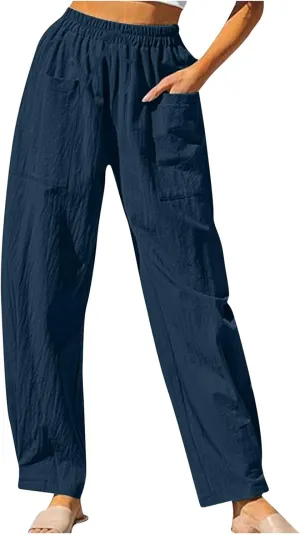 Womens Travel Pants High Waisted Casual Pants Solid Harem Pants Loose Fit Beach Pants Trendy Baggy Pants with Pockets
