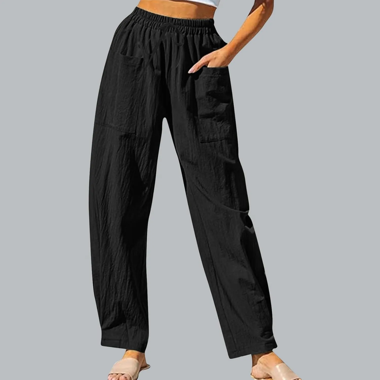 Womens Travel Pants High Waisted Casual Pants Solid Harem Pants Loose Fit Beach Pants Trendy Baggy Pants with Pockets