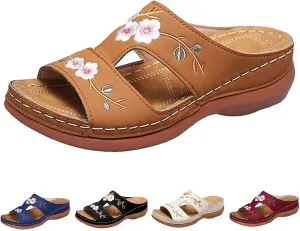Women's Wedge Sandals, Hollow Floral Embroidery With Arch Support Comfortable Orthopedic Sandal Summer Dressy Slides