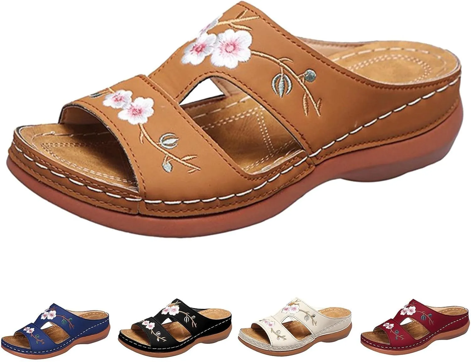 Women's Wedge Sandals, Hollow Floral Embroidery With Arch Support Comfortable Orthopedic Sandal Summer Dressy Slides