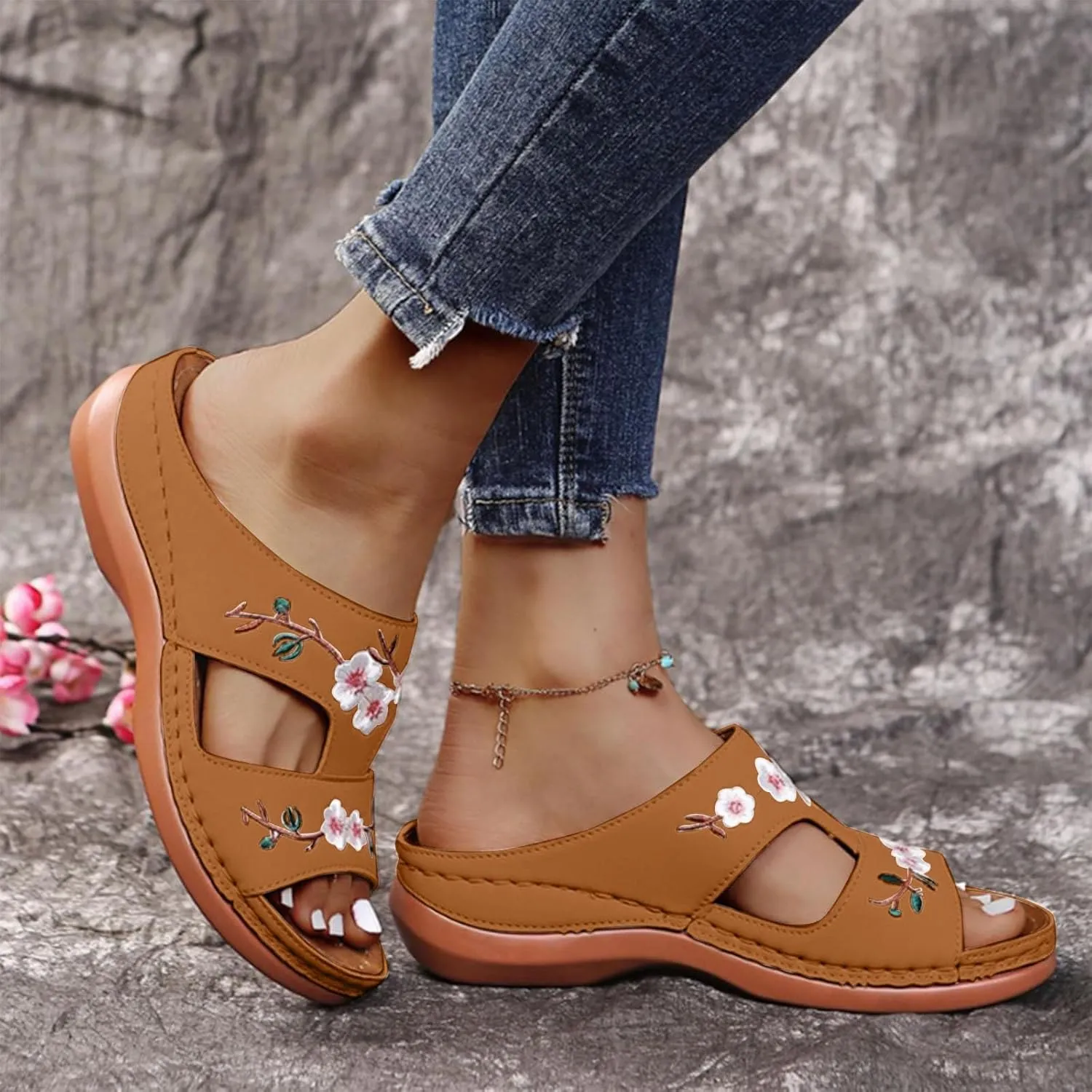 Women's Wedge Sandals, Hollow Floral Embroidery With Arch Support Comfortable Orthopedic Sandal Summer Dressy Slides