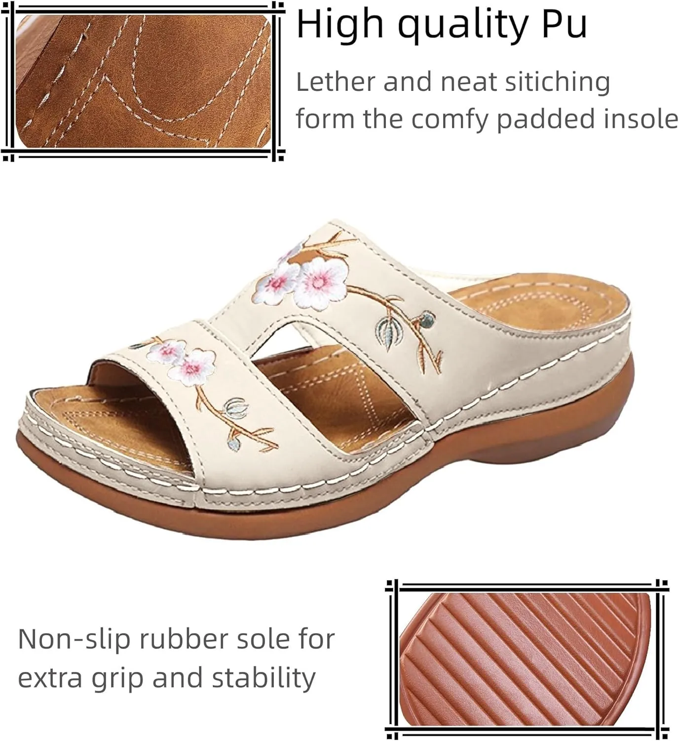 Women's Wedge Sandals, Hollow Floral Embroidery With Arch Support Comfortable Orthopedic Sandal Summer Dressy Slides