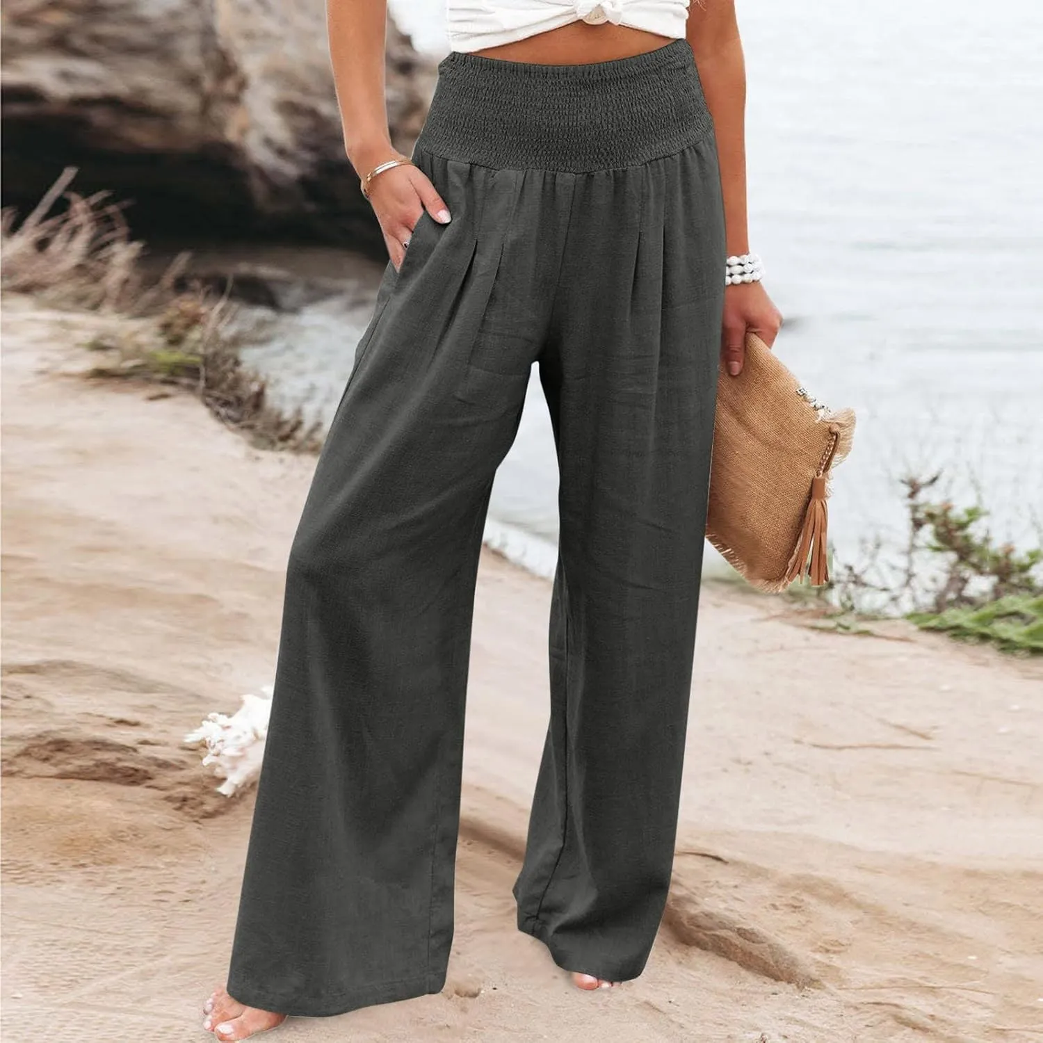 Women's Wide Leg Palazzo Pants Elastic High Waist Pants Beach Vacation Pants Loose Linen Pants Casual Work Pants Plus