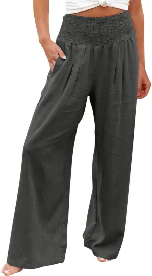Women's Wide Leg Palazzo Pants Elastic High Waist Pants Beach Vacation Pants Loose Linen Pants Casual Work Pants Plus