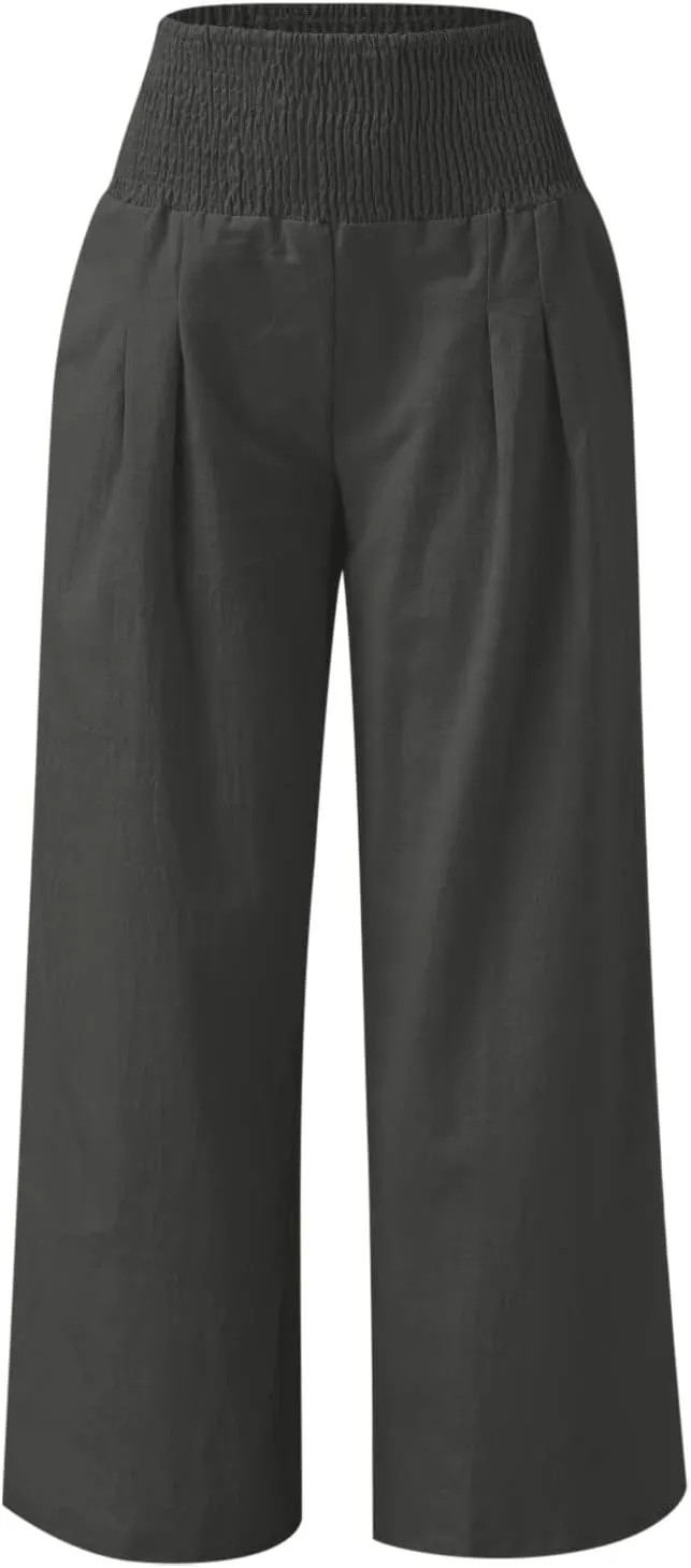 Women's Wide Leg Palazzo Pants Elastic High Waist Pants Beach Vacation Pants Loose Linen Pants Casual Work Pants Plus