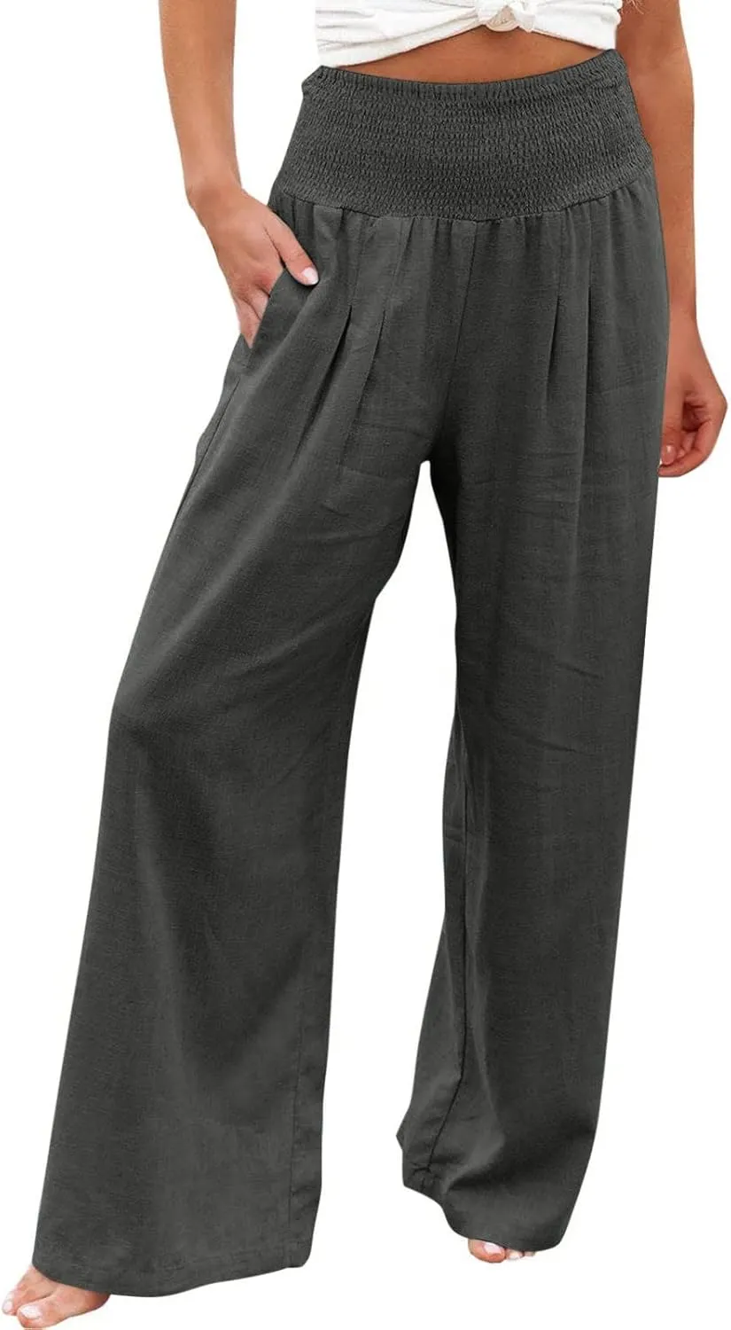 Women's Wide Leg Palazzo Pants Elastic High Waist Pants Beach Vacation Pants Loose Linen Pants Casual Work Pants Plus