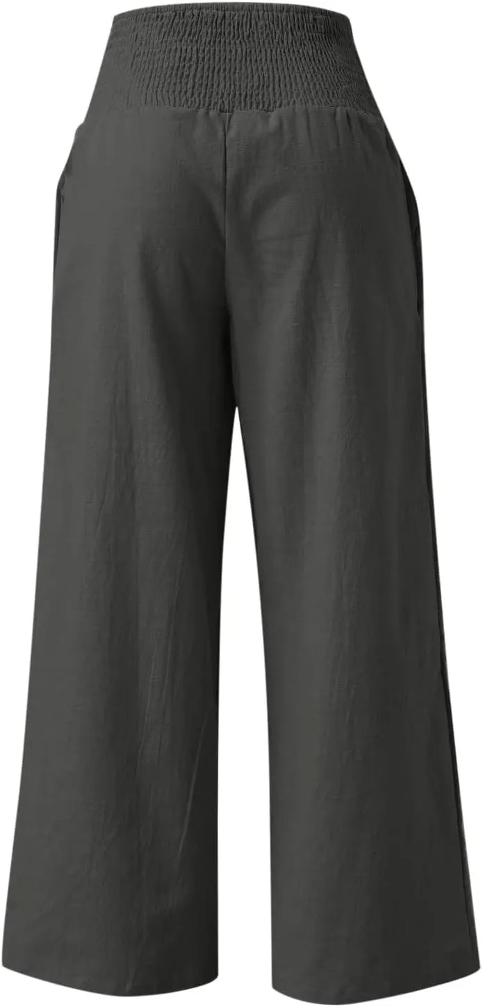 Women's Wide Leg Palazzo Pants Elastic High Waist Pants Beach Vacation Pants Loose Linen Pants Casual Work Pants Plus