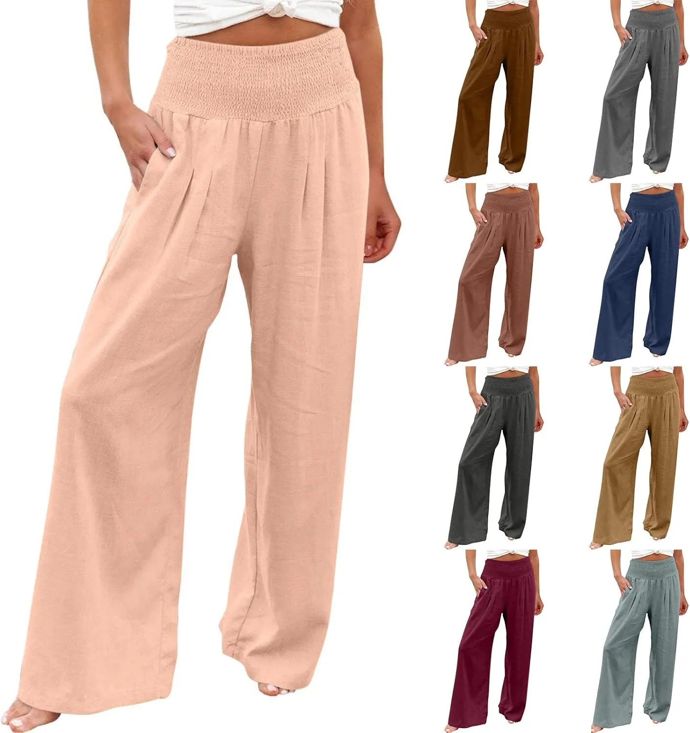 Women's Wide Leg Palazzo Pants Elastic High Waist Pants Beach Vacation Pants Loose Linen Pants Casual Work Pants Plus