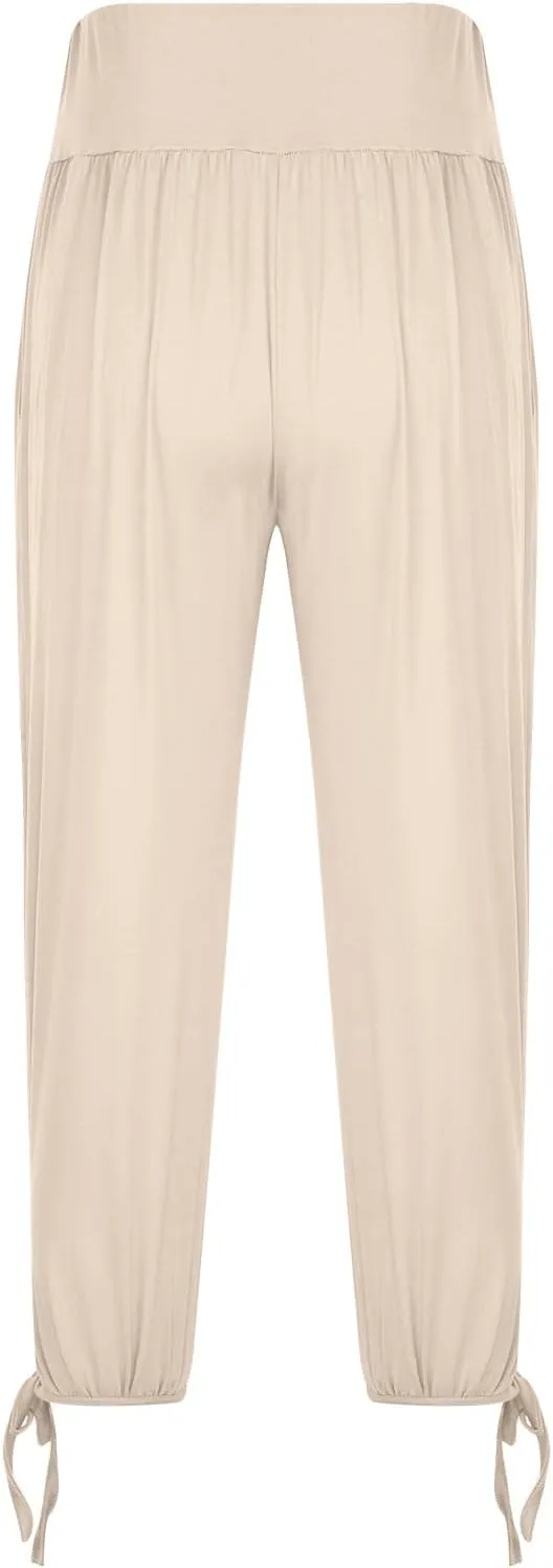 Womens Yoga Cropped Trousers 3/4 Length Pants Ladies High Waisted Capri with Ribbed Waistband and Pockets Soft Cotton