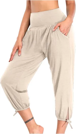Womens Yoga Cropped Trousers 3/4 Length Pants Ladies High Waisted Capri with Ribbed Waistband and Pockets Soft Cotton