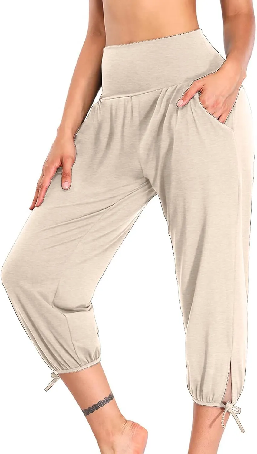 Womens Yoga Cropped Trousers 3/4 Length Pants Ladies High Waisted Capri with Ribbed Waistband and Pockets Soft Cotton
