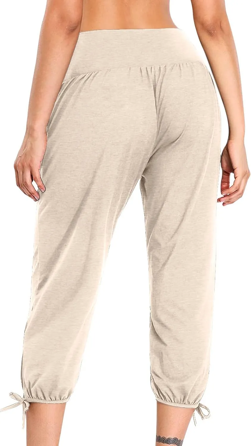 Womens Yoga Cropped Trousers 3/4 Length Pants Ladies High Waisted Capri with Ribbed Waistband and Pockets Soft Cotton