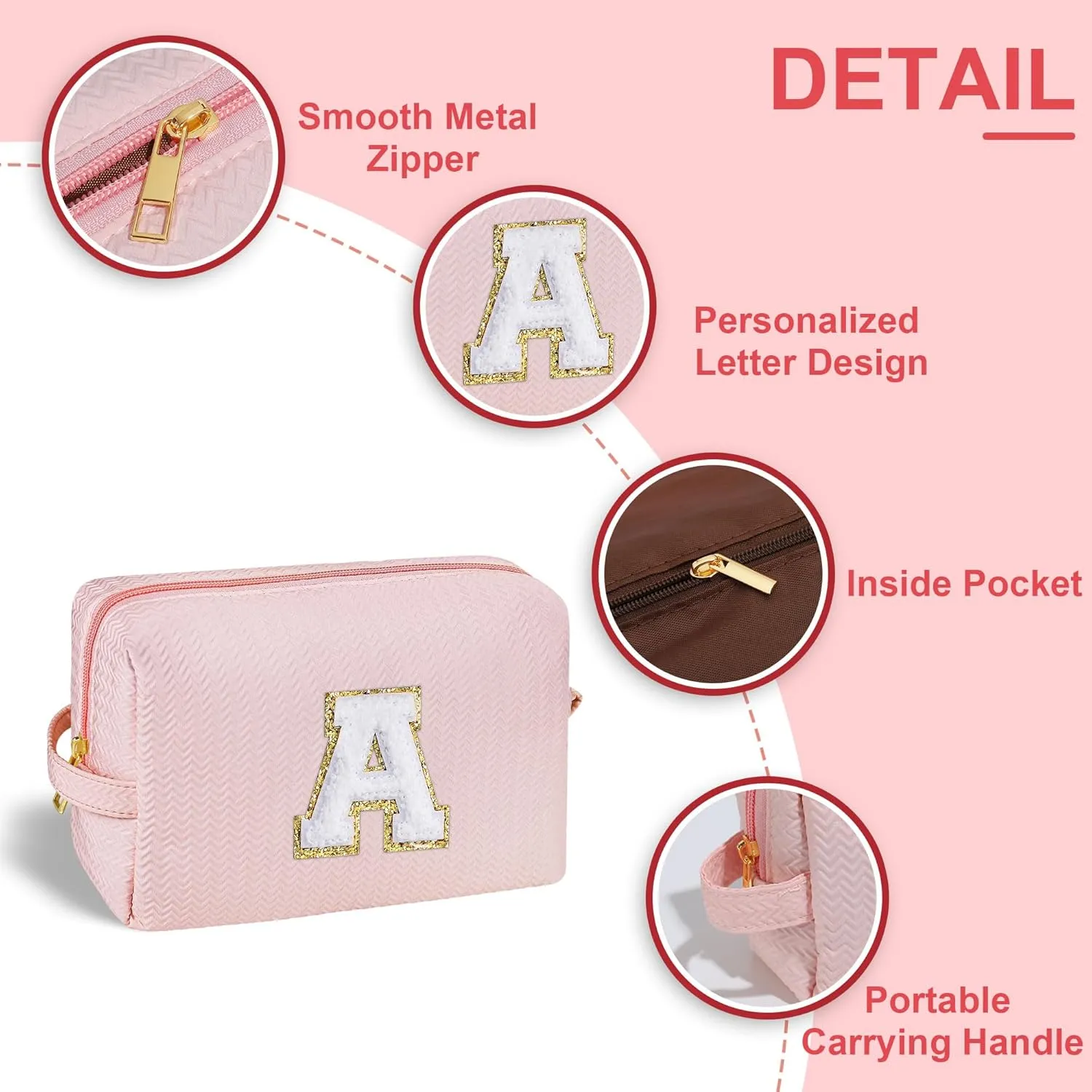 YOOLIFE Initial Makeup Bag Personalized Gifts, Travel Pink Make Up Bag Cosmetic Bags for Women Cute Makeup Bag Organizer Toiletry Bag Birthday Gifts for Women Her Teen Girlfriend Mom Teacher Sister Q